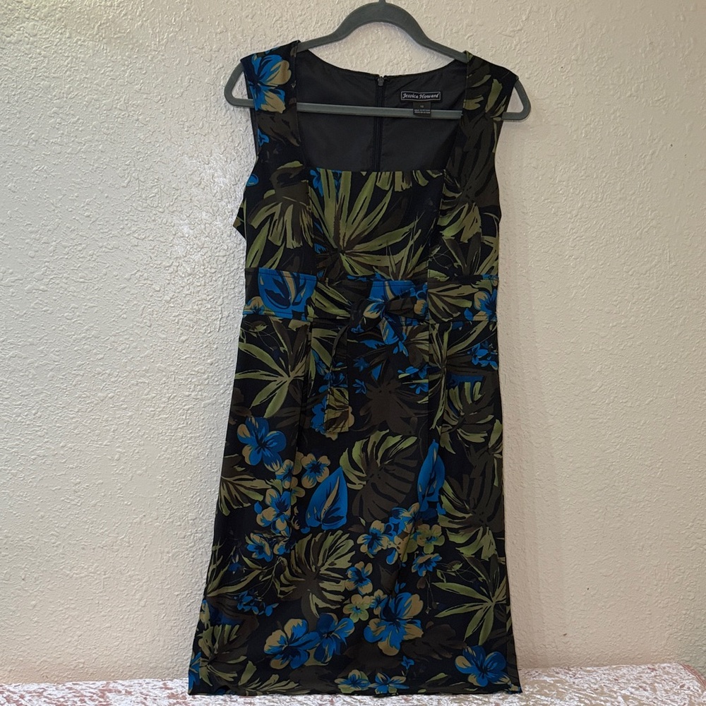 Jessica Howard Black Floral-Print Midi Dress with Blue & Olive Accents